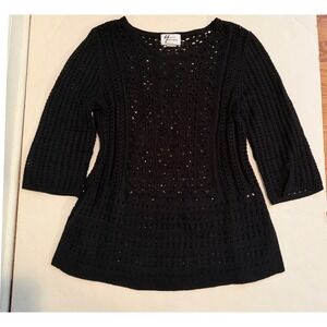 Andrea Jovine Black Open Knit Crochet Sweater 3/4 Sleeve Top Large